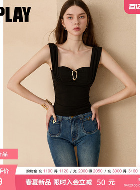 DPLAY莱赛尔黑色自带胸垫时尚腰部抽褶吊带法式2026夏季新品背心