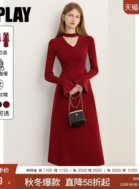 DPLAY2025冬季气质复古红色连衣裙女法式气质订婚长款针织毛衣裙