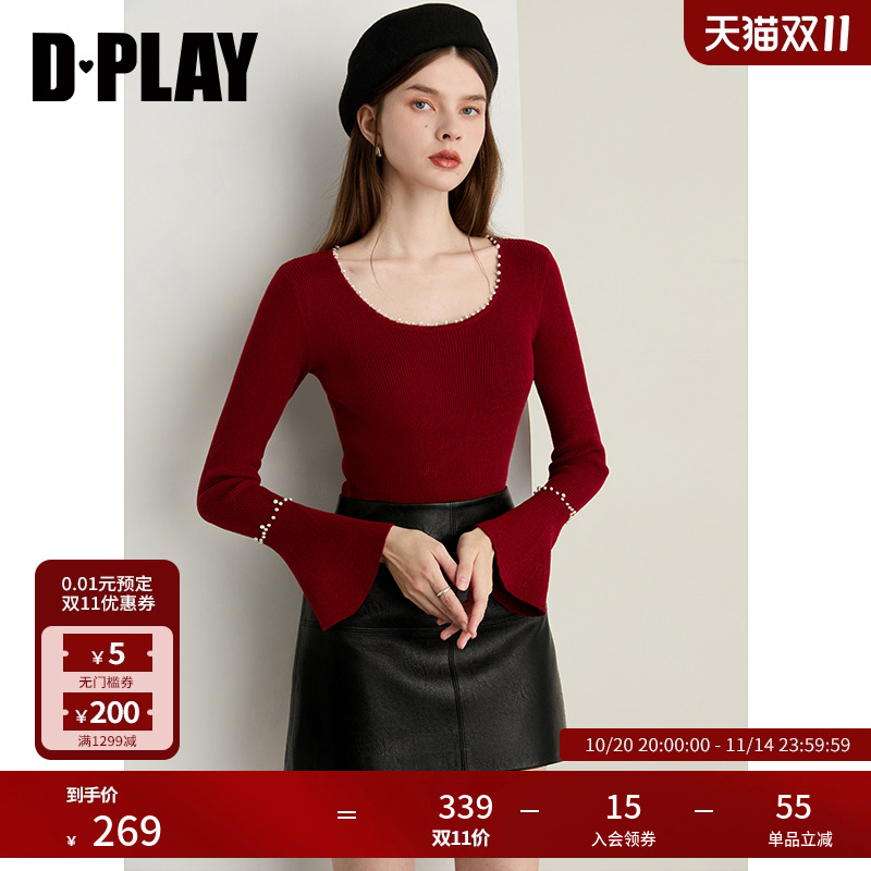 DPLAY2025年秋季新款红色圆领上衣女珍珠领好看羊毛针织打底衫