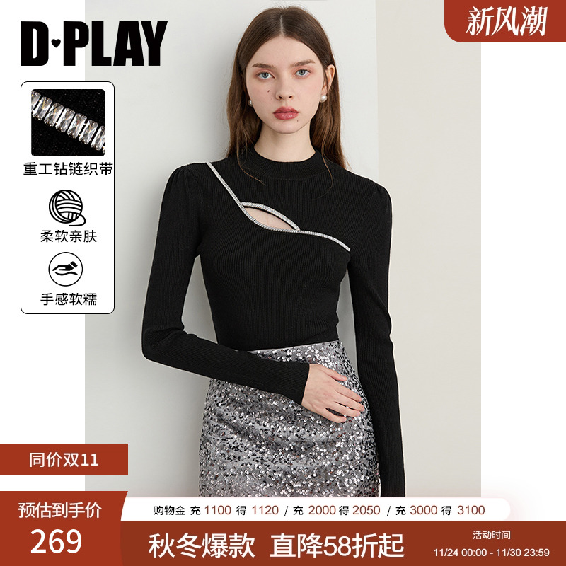 DPLAY2025年秋季新款黑色针织衫女含羊毛镂空设计修身打底衫上衣