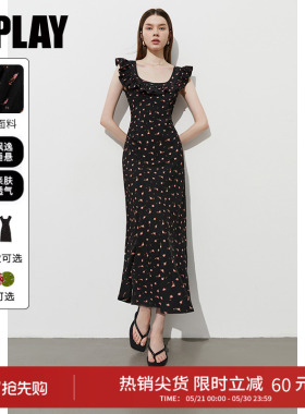 DPLAY新款黑色印花裙修身法式连衣裙沙滩海边裙子长裙女2026年夏