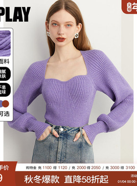 DPLAY紫色毛衣春季女气质高级多巴胺法式方领针织衫上衣毛衣女