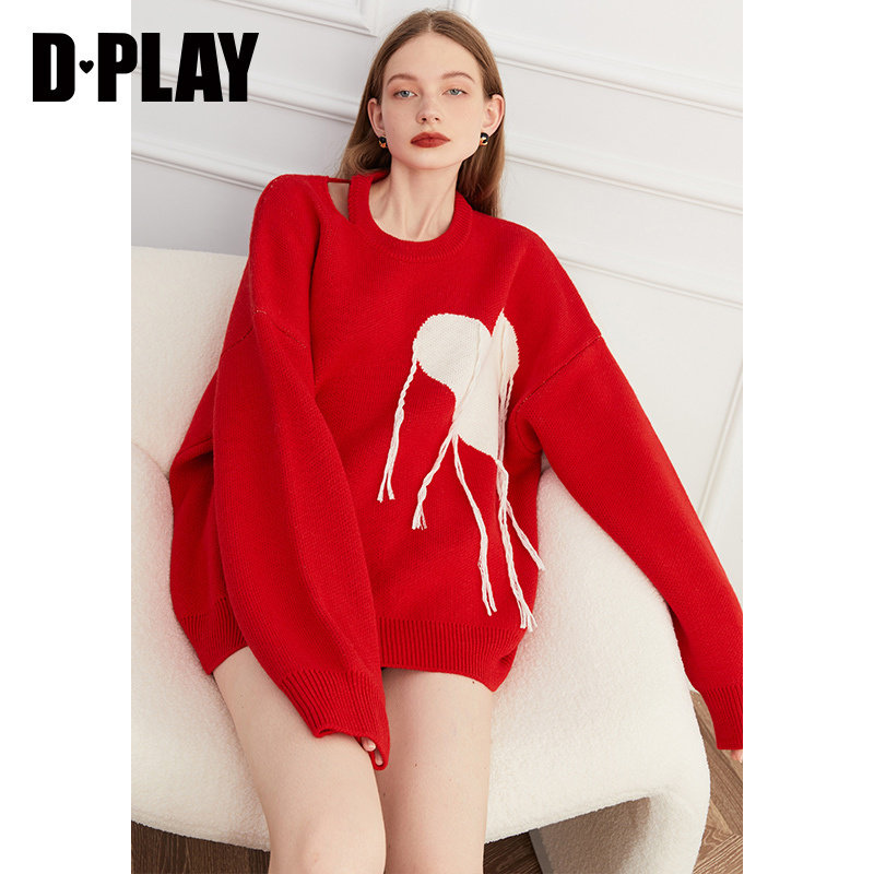 DPLAY秋装新经典圆领慵懒落肩袖爱心提花流苏红色套头毛衣,女装/女士精品,毛衣,淘宝优惠券,粉丝福利购,淘宝优惠卷