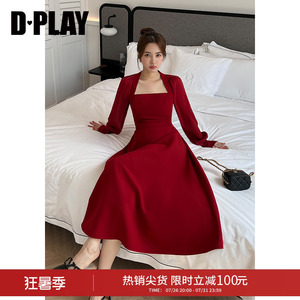 DPLAY秋季法式复古红色方领长袖礼服裙订婚服敬酒服连衣裙女