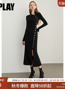 DPLAY2025年秋季新款黑色连衣裙女修身针织裙子纽扣开叉设计长裙
