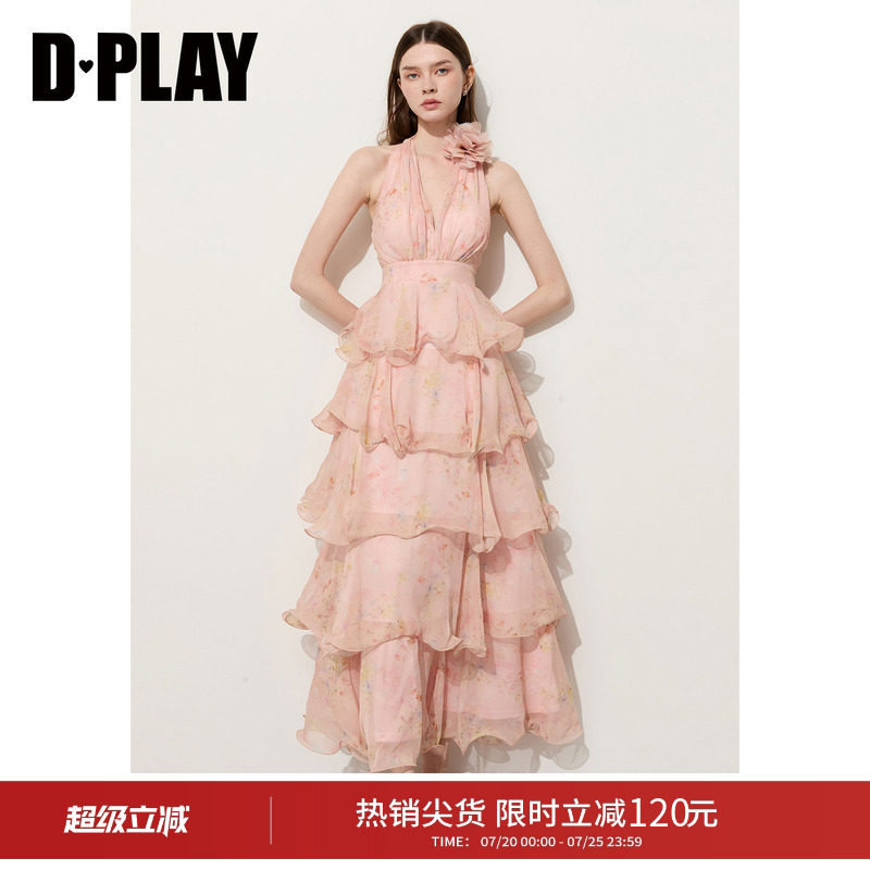 DPLAY【度假系列】粉色印花无袖连衣裙蛋糕海边长裙2026夏季新款