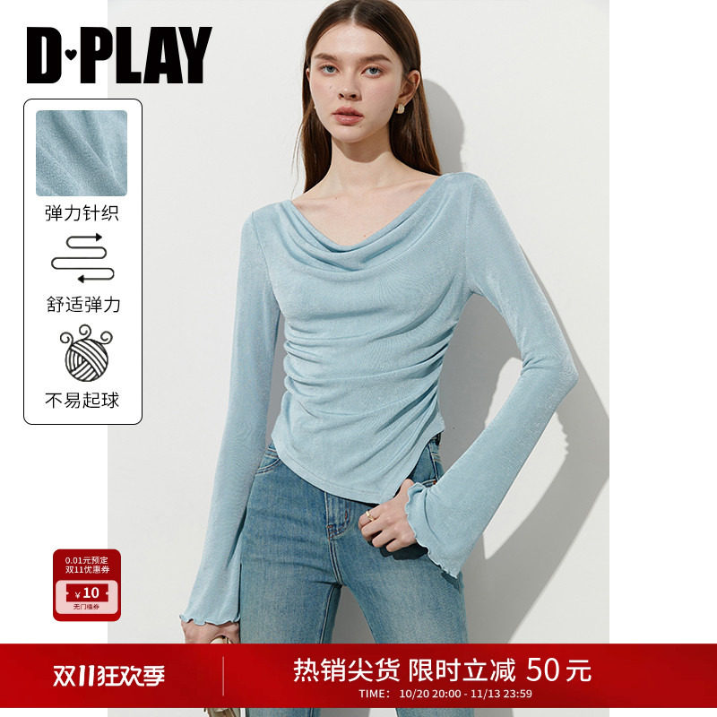 DPLAY2026秋季新款气质蓝色t恤女打底衫好看修身上衣女荡领长袖