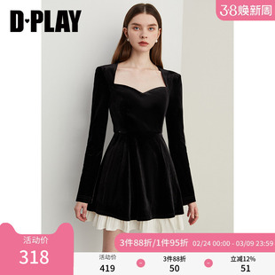 DPLAY年冬季新款百搭黑色方领修身显瘦短款连衣裙短裙长袖女