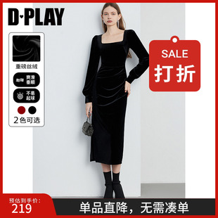 修身 DPLAY春优雅方领泡泡袖 裙摆侧开衩丝绒连衣裙小黑裙礼服