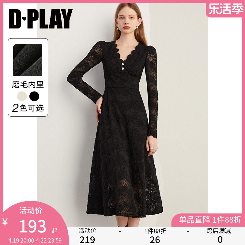 DPLAY春装连衣裙V领黑色蕾丝法式加绒内搭高级感公主裙女