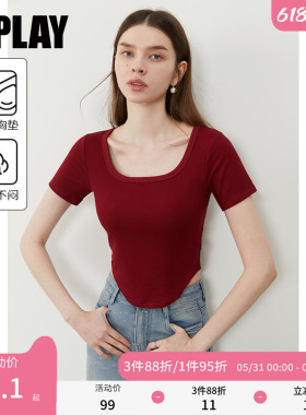 DPLAY【惠品】夏季新款红色t恤内搭辣妹纯欲风弹力修身女上衣