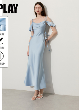 DPLAY【高光缪斯】蓝色缎面连衣裙女2026年夏季露肩长裙鱼尾裙