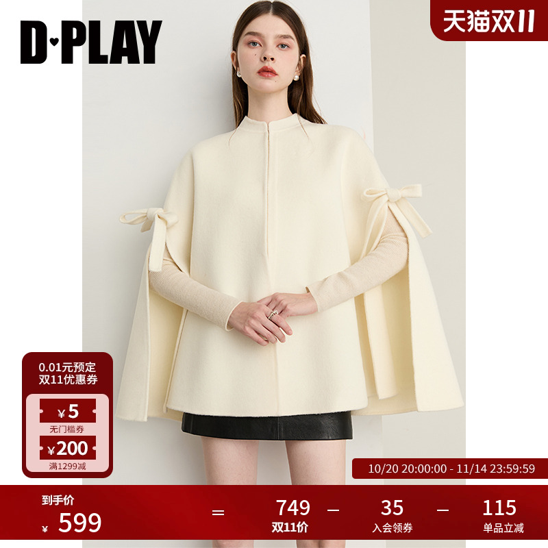 DPLAY2025年秋季新款白色外套女斗篷100羊毛双面呢蝴蝶结大衣