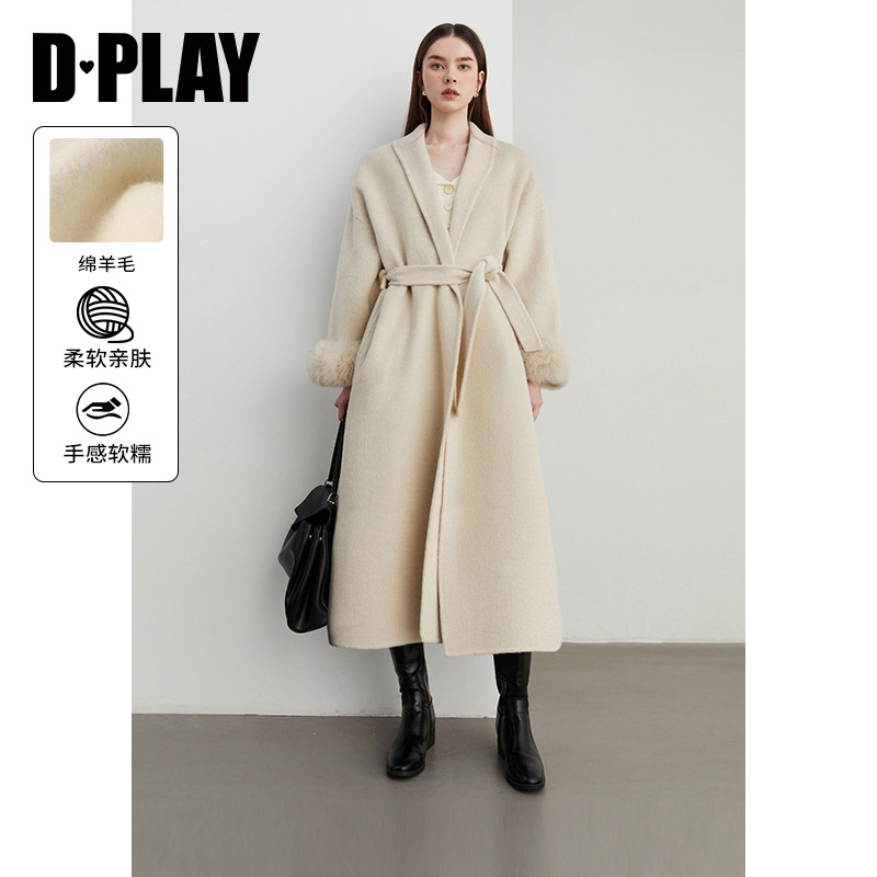 DPLAY冬季休闲翻领杏色羊毛毛呢大衣气质双面呢子外套上衣女