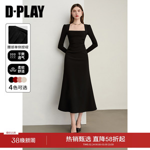DPLAY2026春季新款黑色法式方领连衣裙长袖气质礼服小黑裙鱼尾裙