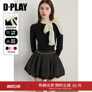 DPLAY新款 女好看气质网纱蝴蝶结拼接长袖 上衣2026春季 黑色针织衫