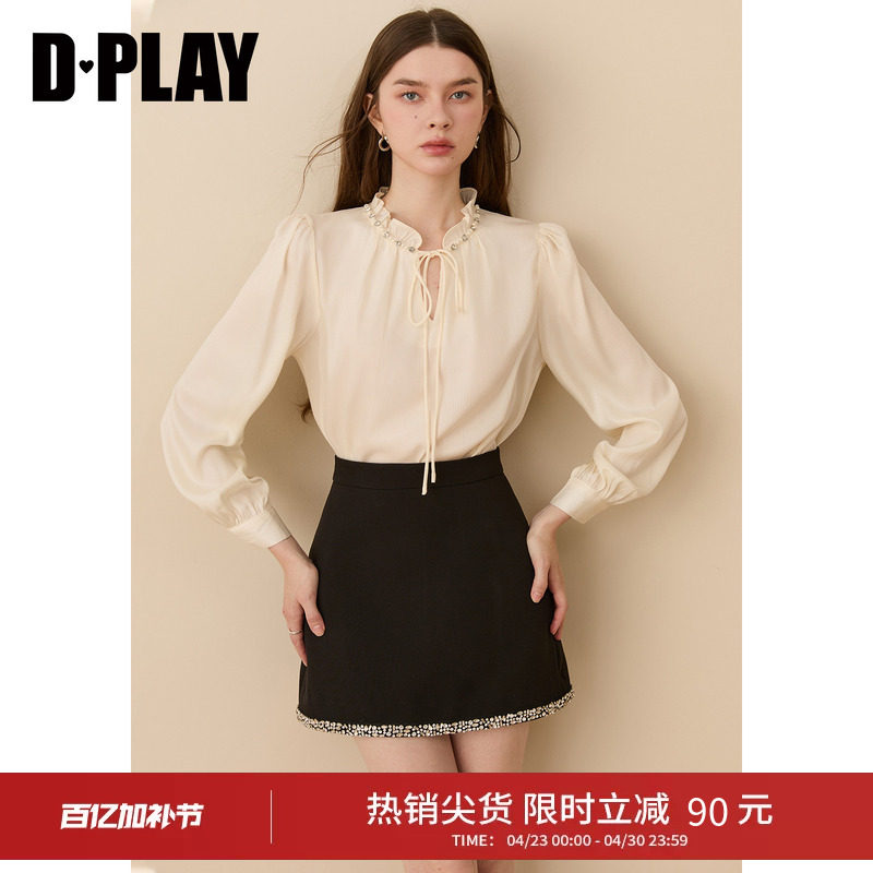 DPLAY米白色衬衫女系带镶钻镂空气质优雅时尚上衣2026年春季