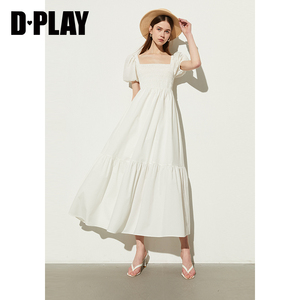 DPLAY2024夏气质法式方领纯色泡泡袖淑女长裙连衣裙小白裙女裙子
