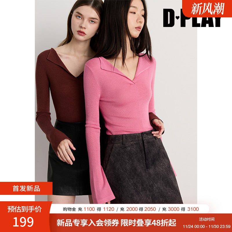 DPLAY2025年冬季新款粉色V领针织衫女修身气质好看打底衫上衣