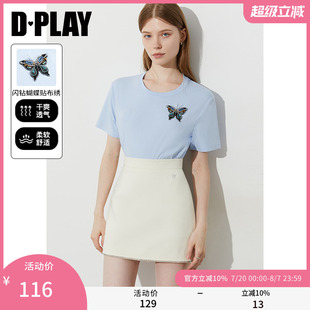 新款 DPLAY2025年夏季 蓝色圆领T恤女闪钻蝴蝶贴布绣洋气小众上衣