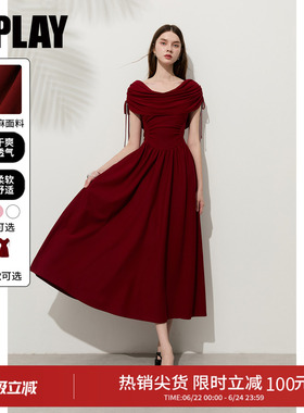 DPLAY红色一字肩连衣裙女小礼服订婚气质收腰长裙裙子2026年夏季