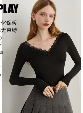 DPLAY【惠品 】黑色蕾丝拼接皮肤衣内搭上衣美肤打底衫长袖T恤