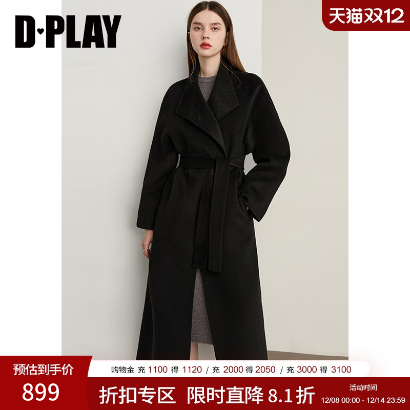 DPLAY2025年冬季新款黑色100羊毛毛呢外套翻领长款双面呢大衣