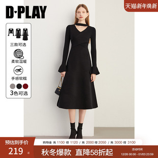 DPLAY2025年冬黑色镂空领长袖 针织连衣裙毛衣裙长裙女 修身