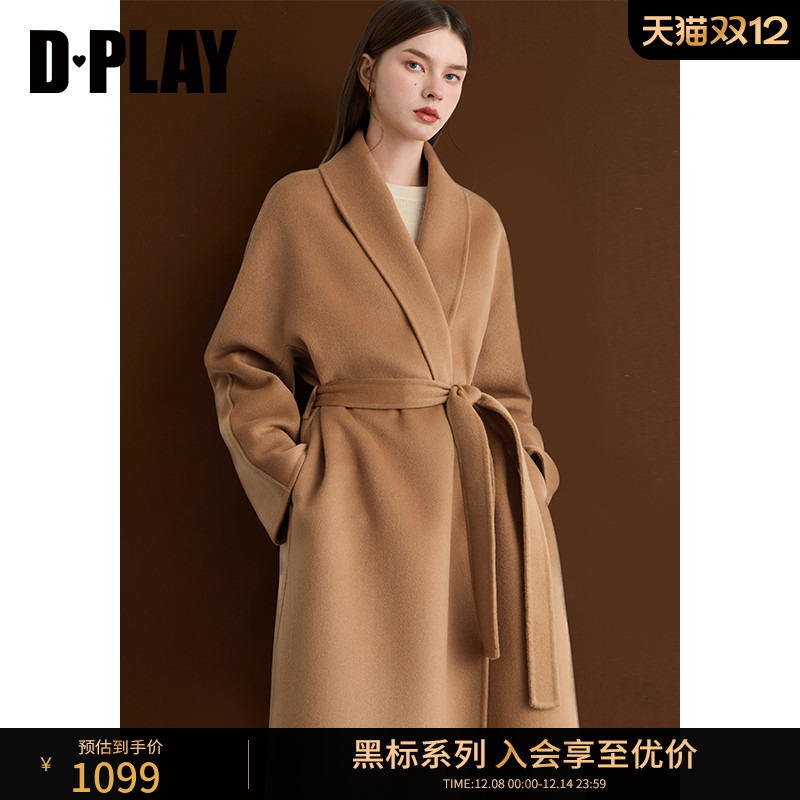 DPLAY【黑标】2025年冬季新款卡其色翻领100绵羊毛双面呢大衣
