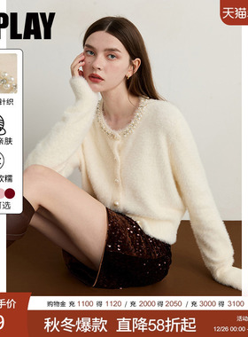 DPLAY【珠光星辰系列】2025冬季白色针织衫闪钻珍珠毛衣上衣女
