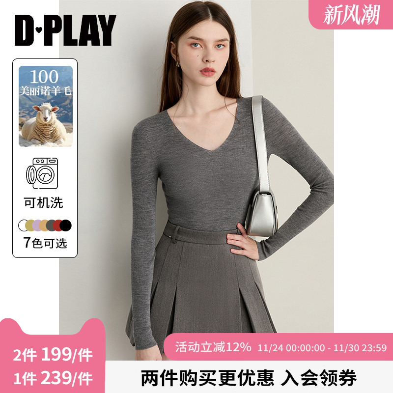 DPLAY2025年秋季新款灰色V领上衣女时尚100羊毛针织打底衫