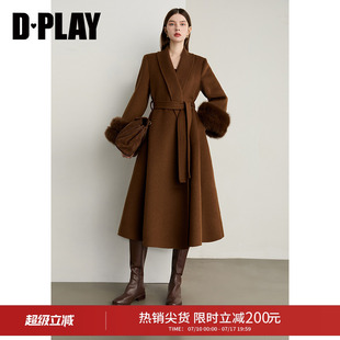 DPLAY冬季新款焦糖色双面呢大衣气质复古毛呢外套长款女