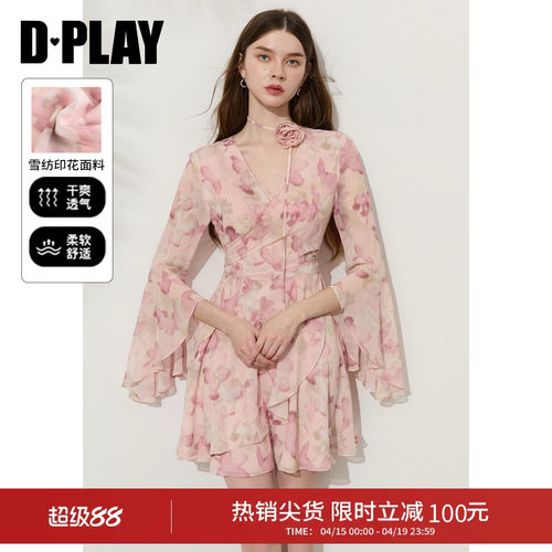 DPLAY粉色连衣裙女印花复古收腰气质法式小资连衣裙短裙2026夏季