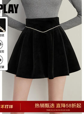 DPLAY黑色丝绒半身裙好看小个子半裙女百褶裙A字裙伞裙2026年春