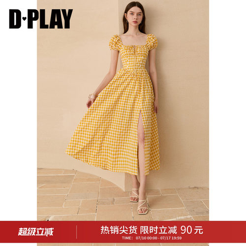 DPLAY黄色格纹方领泡泡袖收腰开衩度假连衣裙2026夏季新款女裙子