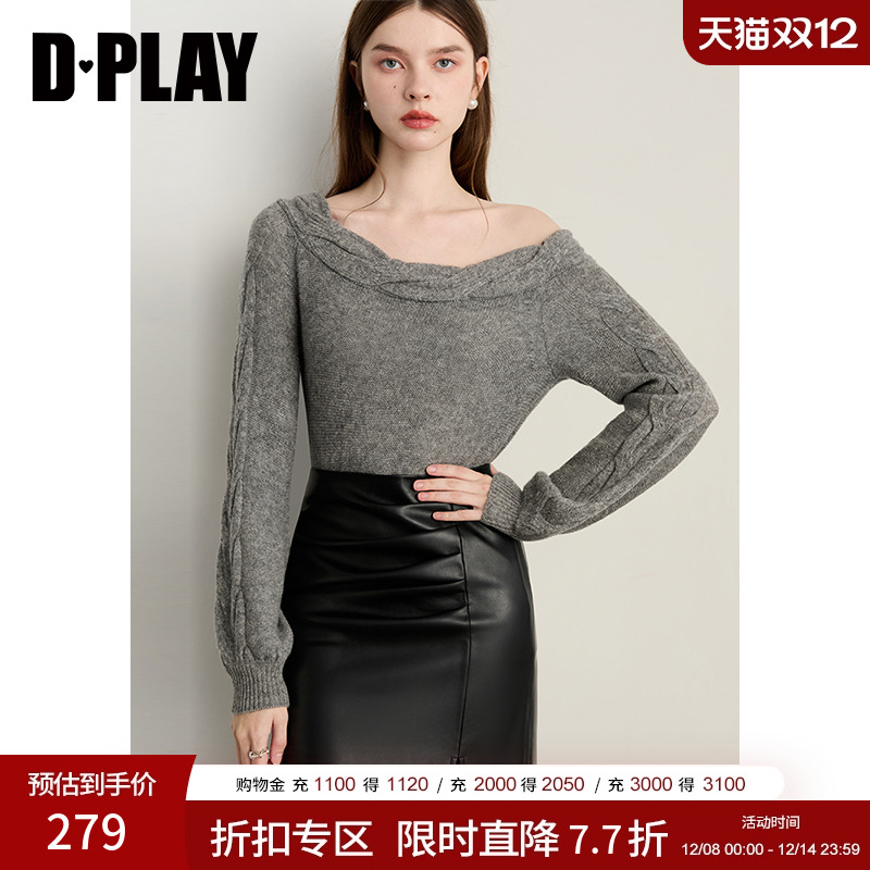 DPLAY2025年秋季新款灰色一字领100羊毛针织毛衣女长袖上衣
