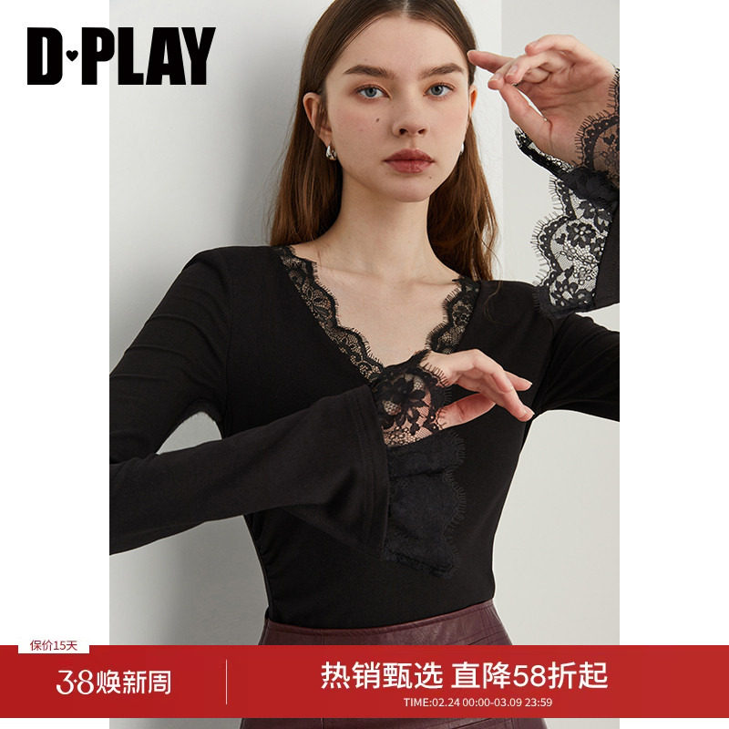 DPLAY秋季新款气质简约黑色T恤女洋气时尚修身打底衫小衫长袖