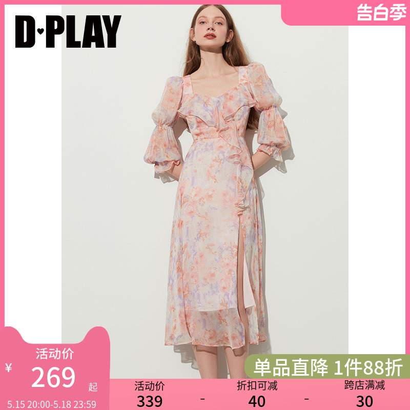 DPLAY2024夏海边度假裙粉色碎花裙荷叶边中袖雪纺连衣裙艺术长裙