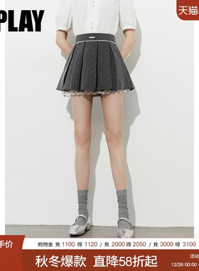 DPLAY【惠品】2025年夏季新款灰色半身裙女波点蕾丝百褶裙短裙