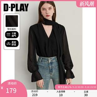 女飄帶設計寬松襯衣長袖 DPLAY2025年秋季 新款 黑色襯衫 上衣小衫