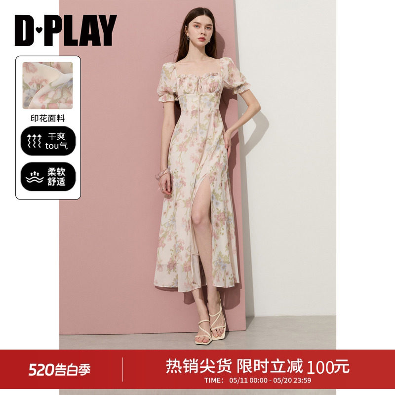 DPLAY【法式茶歇系列】2026年夏季新款粉色印花连衣裙泡泡袖长裙