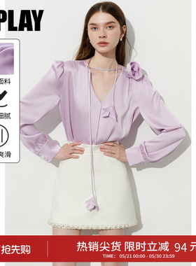 DPLAY秋季新款法式紫色衬衫女复古气质缎面衬衣长袖上衣