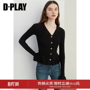 流行打底衫 DPLAY秋季 荷叶边修身 黑色毛衣女针织衫 上衣 新款