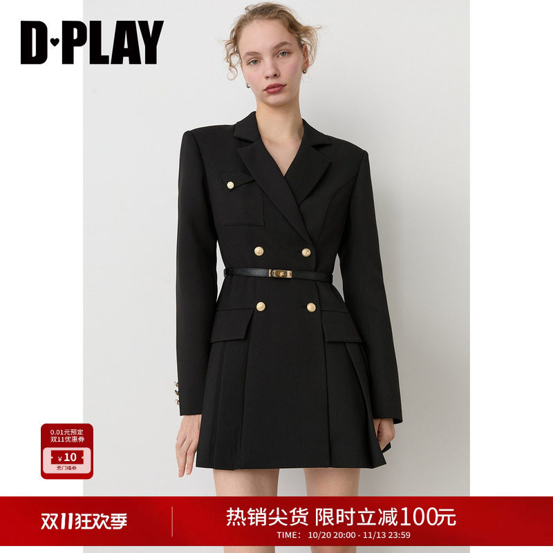 DPLAY黑色西装连衣裙女2026冬季新款通勤金属扣收腰压褶短裙