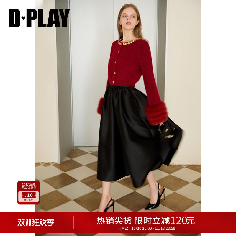DPLAY冬季新款红色针织衫女气质钻链设计好看时髦优雅小衫