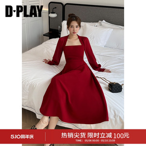 DPLAY秋季法式复古红色方领长袖礼服裙订婚服敬酒服连衣裙女