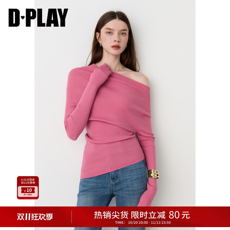 DPLAY玫粉色针织上衣女斜肩不对称修身长袖打底衫2026冬季新款