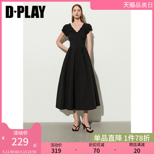 黑色法式 V领芭蕾舞气质短袖 新款 DPLAY2024夏季 连衣裙微胖小黑裙女