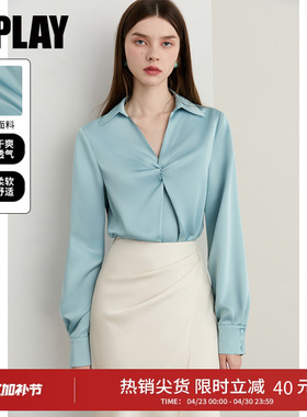DPLAY2026年春季新款蓝色衬衫女缎面衬衣时尚气质长袖上衣