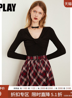 清仓DPLAY女装气质复古黑色打底衫蝴蝶结收腰长袖针织衫v领上衣女